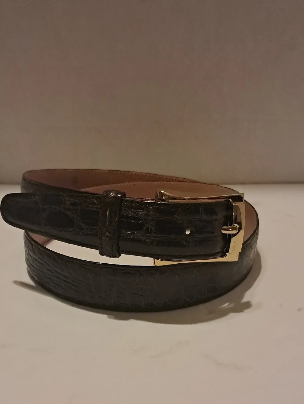 Martin Dingman Men's Anthony 2 Buckle Alligator-Grain Leather Belt Brass Dress - Picture 2 of 9